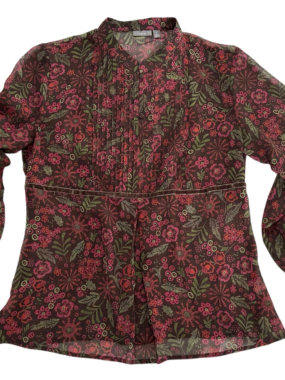 Apt 9 Floral Sheer Blouse Velvet Trim Pintuck Long Sleeve Brown Pink L - Picture 10 of 11